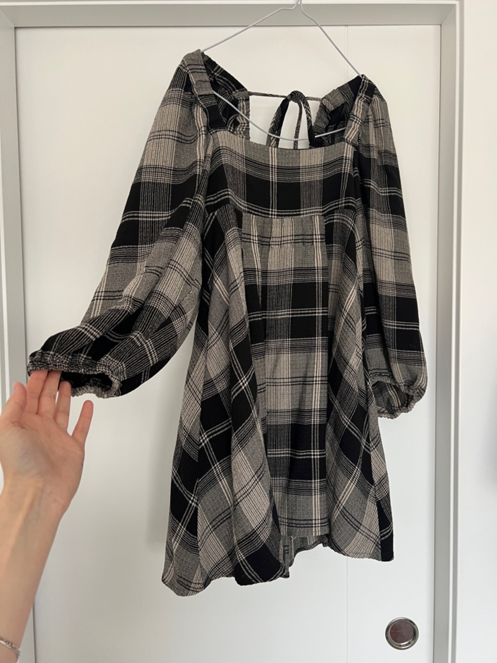 Urban Outfitters Black and Cream Plaid Long Sleeve Milkmaid Dress